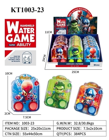 KT1003-23 HỘP TRÒ CHƠI MÁY BẤM NƯỚC SN 24C ĐỦ MẪU (NHỆN, NGƯỜI XANH, CAPTAIN) (COS LỐC 24C TÍNH CÁI) WATER GAME 25X20X11