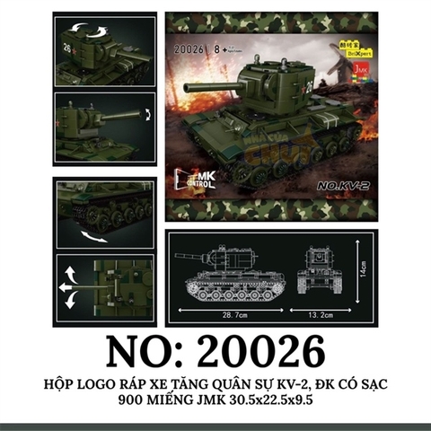 KT20026 HỘP LOGO RÁP XE TĂNG QUÂN SỰ KV-2, ĐK CÓ SẠC 900 MIẾNG JMK