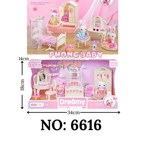 6616A HỘP NỘI THẤT NHÀ THỎ+ BÀN TRANG ĐIỂM+ GHẾ+ TỦ QUẦN ÁO+ GIƯỜNG+ 1C THỎ BAY DREAMY