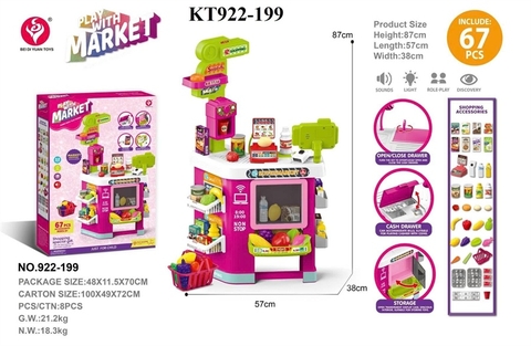 KT922-199 HỘP KỆ BẾP QUẦY MÁY TÍNH TIỀN SIÊU THỊ PIN+ GIỎ ĐỒ 67 MIẾNG PLAY WITH MARKET 48X11.5X70 HỒNG