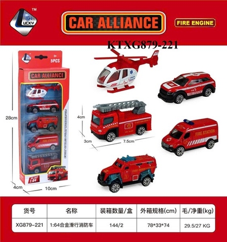 KTXG879-221 VĨ HỘP XE CT CỨU HỎA SẮT TRỚN 5C (MÁY BAY TRỰC THĂNG, HƠI, CỨU THƯƠNG, THANG) TL 164 CAR ALLIANCE 10X4X28