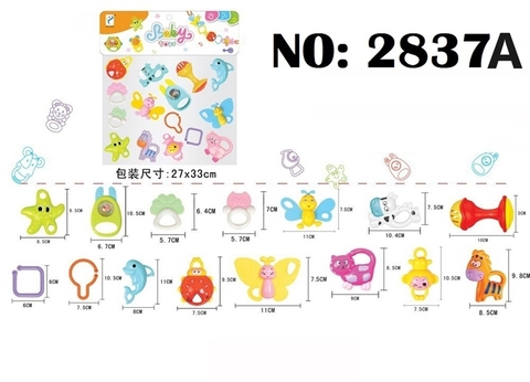 2837A TÚI LẮC TREO NÔI 15 MÓN (SAO BIỂN, BƯỚM, BÒ, CÁ HEO, MÈO, KHỈ, BỌ) BABY (PVC)