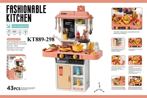 KT889-298  HỘP KỆ BẾP PIN+ TỦ+ BẾP GAS+ NỒI+ CHẢO+ BỒN RỬA RAU CỦ 43 MIẾNG  68CM FASHIONABLE KITCHEN  (HỒNG)