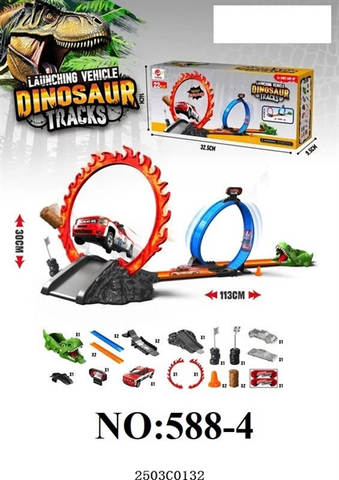 588-4  HỘP ĐƯỜNG RAY KHỦNG LONG XE HƠI LỘN PIN + BIỂN BÁO DINOSAUR TRACKS (XE LỬA)