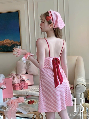 Đầm váy ngủ satin caro cao cấp Gomoku Dress S2693 phối nơ sau đáng yêu tiểu thư Bralettehousevn