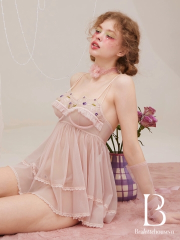 Đầm váy ngủ nữ cao cấp có gọng Qeqe Dress S2652 xuyên thấu phối ren bèo nữ tính tiểu thư gợi cảm Bralettehousevn