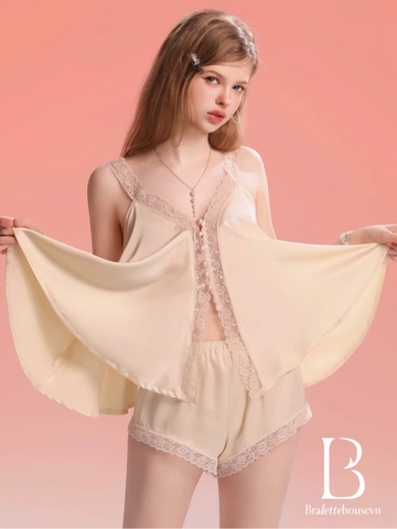 Bộ đồ nữ 2 dây satin phối ren Golden Set kèm quần short nữ tính gợi cảm cao cấp tiểu thư Bralettehousevn