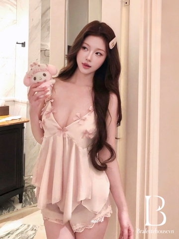 Bộ đồ ngủ satin Elara Set có mút kèm quần đính hoa 4D nữ tính gợi cảm tiểu thư Bralettehousevn