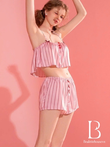 Set ngủ mặc nhà satin cao cấp Damour Set S2638 hồng sọc trendy hai dây nữ tính Bralettehousevn