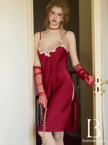 Đầm váy ngủ satin phối hoa cao cấp Graceful Dress dáng lửng thanh lịch nữ tính sang trọng Balettehousevn