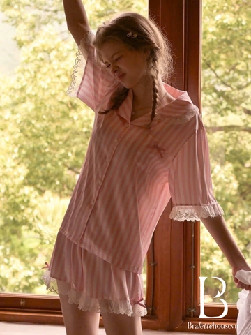 Bộ đồ ngủ mặc nhà cao cấp Nappy Pijamas S2628 lụa sọc hồng tiểu thư trẻ trung thoải mái Bralettehousevn