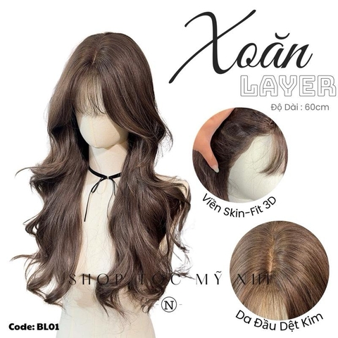 Tóc Giả Bio-Lace 3D Mái Thưa Xoăn layer BL01 độ dài 60cm (Viền Da Sinh Học Skin-Fit)