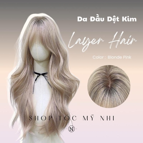 Tóc Giả Mỹ Nhi Mái Thưa Xoăn Layer Dài Màu Tóc Blonde Pink x-dk-1018 Da Đầu Dệt Kim (rẻ ngôi được)