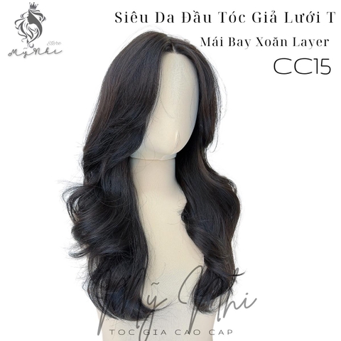 Siêu Da Đầu Tóc Giả Lưới Chữ T Mái Bay CC15 50cm Xoăn Layer  (kèm dưỡng + lược + lưới + trùm)