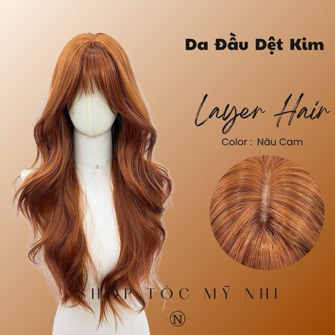 Tóc Giả Mỹ Nhi Xoăn Layer Dài Mái Thưa Hàn Quốc Màu Nâu Cam x-dk-1017 Da Đầu Dệt Kim