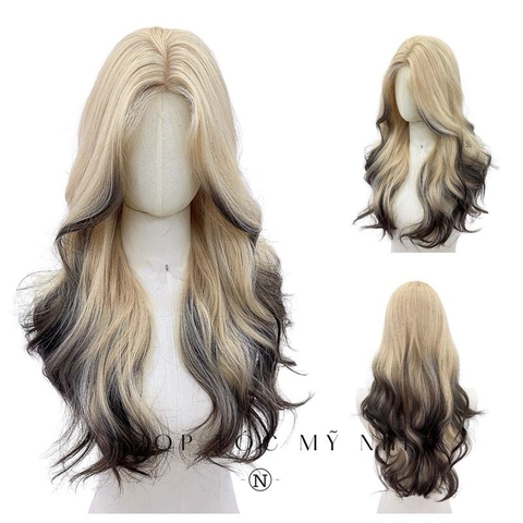 Tóc Giả Dệt Kim Xoăn Layer Hai Mái Vàng Bạch Kim Nhuộm Đuôi Tóc Ombre x-dk1-0108
