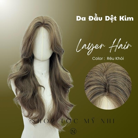 Tóc Giả Mỹ Nhi Xoăn Layer Mái Bay Màu Tóc Rêu Khói x-dk1-0116 Da Đầu Dệt Kim