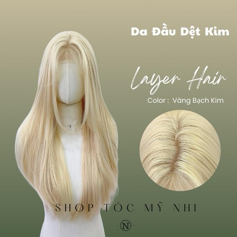 Tóc Giả Mỹ Nhi Tóc Thẳng Layer Hai Mái Dài Màu Tóc Vàng Bạch Kim t-dk1-0308 Da Đầu Dệt Kim (tóc màu vàng tẩy ivory)