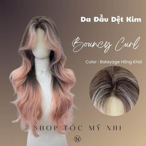 Tóc Giả Mỹ Nhi Bouncy Curl Xoăn Bung Layer Mái Bay Màu Nâu Nhuộm Balayage Hồng x-3d-0202 Da Đầu Dệt Kim Kết Hợp (phân khúc DÁN KEO)