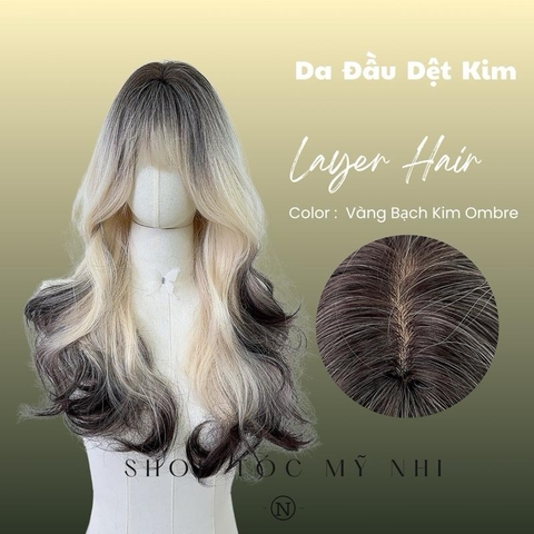 Tóc Giả Mỹ Nhi Xoăn Layer Mái Thưa Hàn Quốc Màu Tóc Vàng Bạch Kim Ombre x-dk-0105 Da Đầu Dệt Kim (tóc màu vàng tẩy ivory)