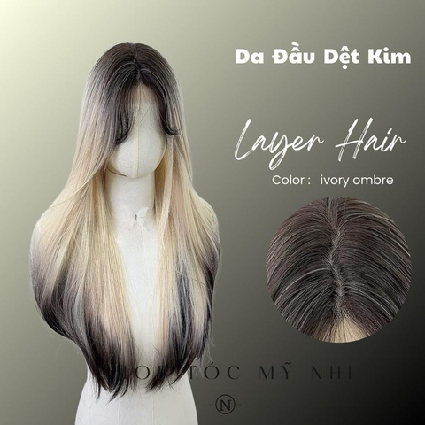 Tóc Giả Mỹ Nhi Thẳng Layer Hai Mái Màu Tóc Vàng Bạch Kim Nhuộm Ombre Loang Màu t-dk1-0309 Da Đầu Dệt Kim (ivory ombre)