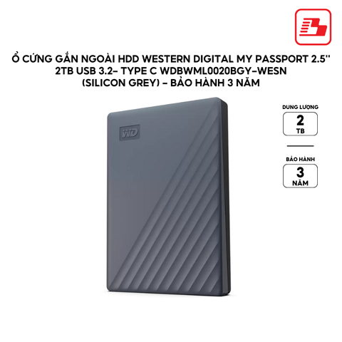 Ổ cứng gắn ngoài HDD Western Digital My Passport 2.5'' 2TB  USB 3.2- Type C WDBWML0020BGY-WESN (Silicon Grey) - Bảo hành 3 năm