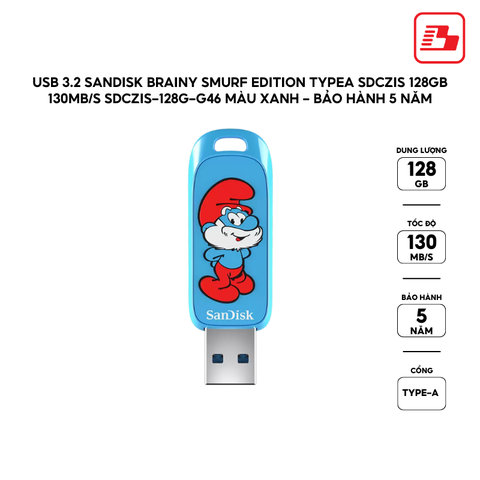 USB 3.2 Sandisk Brainy Smurf Edition TypeA SDCZIS 128GB 130MB/s SDCZIS-128G-G46 màu xanh - Bảo hành 5 năm