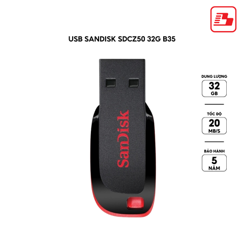 USB 2.0 SanDisk Cruzer Blade SDCZ50 32GB 20MB/s SDCZ50-032G-B35 - Bảo hành 5 năm