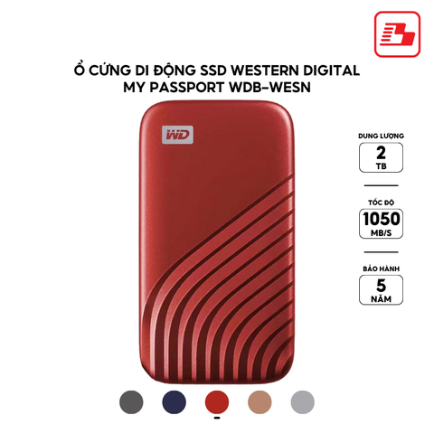 Ổ cứng di động SSD Western Digital My Passport 2TB 1050MB/s Đỏ WDBAGF0020BRD-WESN - Bảo hành 5 năm