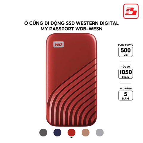 Ổ cứng di động SSD Western Digital My Passport 500GB 1050MB/s Đỏ WDBAGF5000ARD-WESN - Bảo hành 5 năm