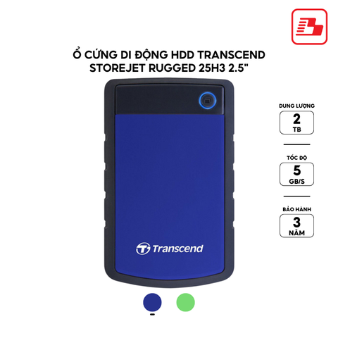 Ổ cứng di động HDD Transcend StoreJet Rugged 25H3 2.5 2TB 5Gbps Xanh TS2TSJ25H3B - Bảo hành 3 năm