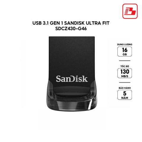 USB 3.1 Gen 1 Sandisk Ultra Fit SDCZ430 16GB 130MB/s SDCZ430-016G-G46 - Bảo hành 5 năm