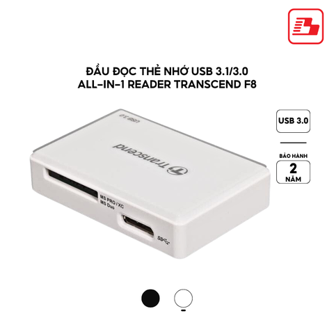 Đầu đọc thẻ nhớ USB 3.1 / 3.0 all-in-1 Reader Transcend F8 trắng TS-RDF8W2  - Bảo hành 2 năm