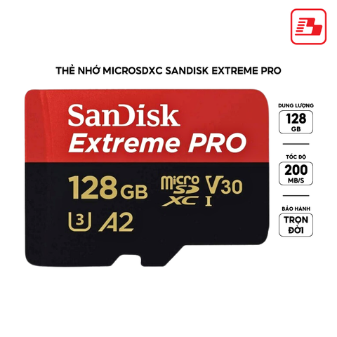 Thẻ nhớ MicroSDXC Sandisk Extreme Pro 128GB V30 U3 UHS-I 200MB/s SDSQXCD-128G-GN6MA - Bảo hành trọn đời