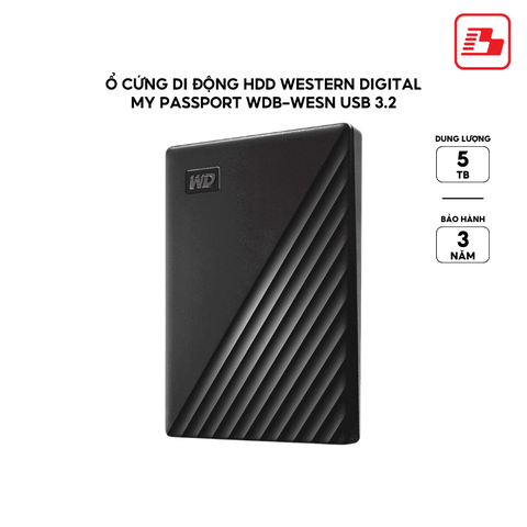 Ổ cứng di động HDD Western Digital My Passport USB 3.2 2.5 5TB 5Gbps Đen WDBPKJ0050BBK-WESN - Bảo hành 3 năm