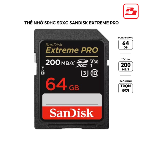Thẻ nhớ SDXC Sandisk Extreme Pro 64GB V30 U3 C10 UHS-I 200MB/s SDSDXXU-064G-GN4IN - Bảo hành trọn đời