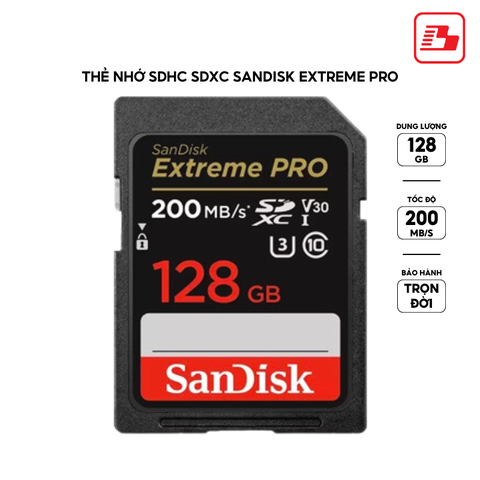 Thẻ nhớ SDXC Sandisk Extreme Pro 128GB V30 U3 C10 UHS-I 200MB/s SDSDXXD-128G-GN4IN - Bảo hành trọn đời