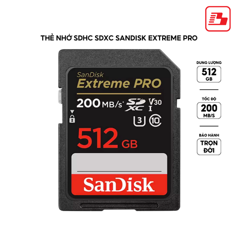 Thẻ nhớ SDXC Sandisk Extreme Pro 512GB V30 U3 C10 UHS-I 200MB/s SDSDXXD-512G-GN4IN - Bảo hành trọn đời