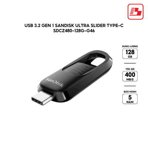USB 3.2 Gen 1 SanDisk Ultra Slider Type-C 128GB 400MB/s SDCZ480-128G-G46 - Bảo hành 5 năm