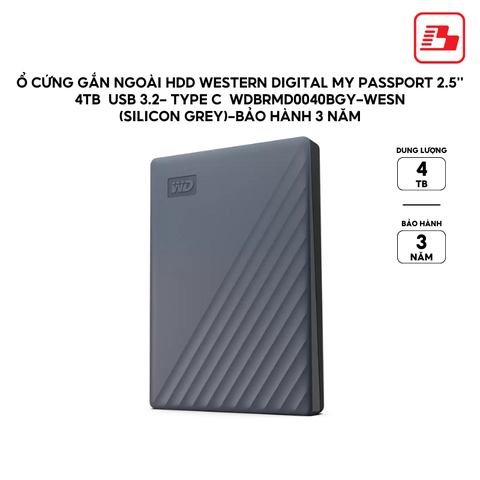 Ổ cứng gắn ngoài HDD Western Digital My Passport 2.5'' 4TB  USB 3.2- Type C WDBRMD0040BGY-WESN (Silicon Grey)-Bảo hành 3 năm
