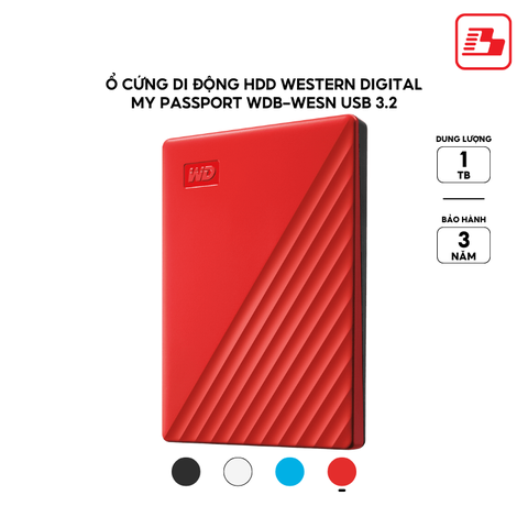 Ổ cứng di động HDD Western Digital My Passport USB 3.2 2.5 1TB 5Gbps Đỏ WDBYVG0010BRD-WESN - Bảo hành 3 năm