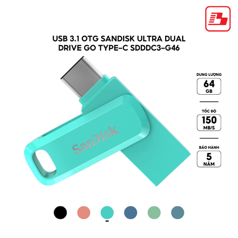 USB 3.1 OTG Sandisk Ultra Dual Drive Go Type-C SDDDC3 64GB 150MB/s SDDDC3-064G-G46G màu xanh lá - Bảo hành 5 năm