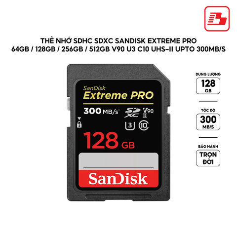 Thẻ nhớ SDXC Sandisk Extreme Pro 128GB V90 U3 C10 UHS-II 300MB/s SDSDXDK-128G-GN4IN - Bảo hành trọn đời