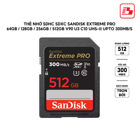 Thẻ nhớ SDXC Sandisk Extreme Pro 512GB V90 U3 C10 UHS-II 300MB/s SDSDXDK-512G-GN4IN - Bảo hành trọn đời