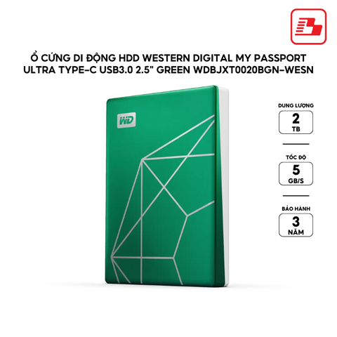 Ổ cứng di động HDD Western Digital My Passport Ultra Type-C USB3.0 2.5 2TB 5Gbps Green WDBJXT0020BGN-WESN - Bảo hành 3 năm