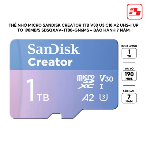 Thẻ nhớ micro SanDisk Creator 1TB V30 U3 C10 A2 UHS-I up to 190MB/s SDSQXAV-1T00-GN6MS - Bảo hành 7 năm