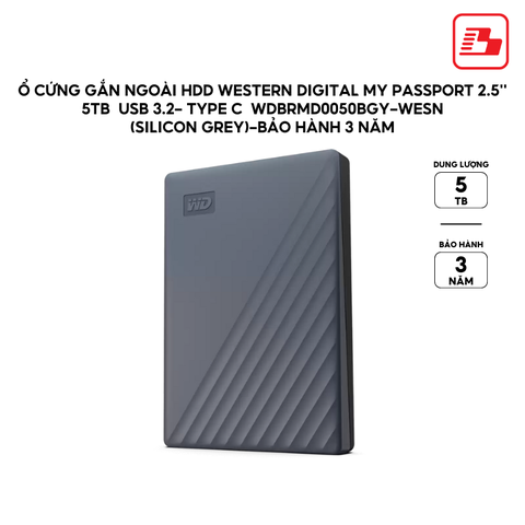 Ổ cứng gắn ngoài HDD Western Digital My Passport 2.5'' 5TB  USB 3.2- Type C WDBRMD0050BGY-WESN (Silicon Grey)-Bảo hành 3 năm