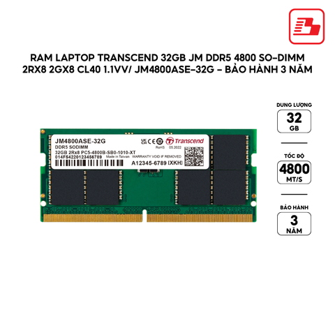 Ram Laptop Transcend 32GB JM DDR5 4800 SO-DIMM 2Rx8 2Gx8 CL40 1.1V JM4800ASE-32G - Bảo hành 3 năm