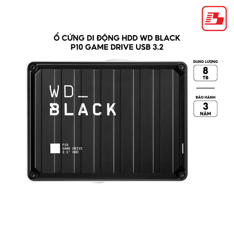 Ổ cứng di động HDD Western Digital Black P10 Game Drive USB3.2 8TB WDBA3P0080HBK-SESN - Bảo hành 3 năm