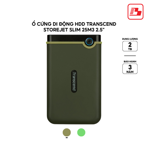 Ổ cứng di động HDD Transcend StoreJet Slim 25M3 2.5 2TB 5Gbps Xanh lính TS2TSJ25M3G - Bảo hành 3 năm